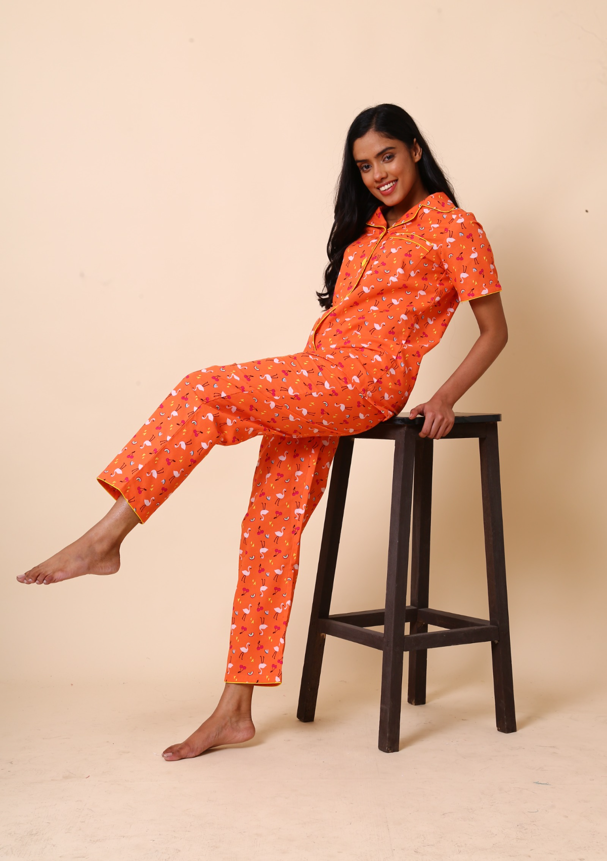 Label Kuhoo - NEW IN: Flamingo Love Night Suit Set- Orange 🧡🦩🌺 🦩  Embroidered Flamingoes 🦩 Striped Print 🦩 Half Sleeves Shirt 🦩 Full  Pyjamas 🦩 Price- ₹2250 (On Sale) Click on
